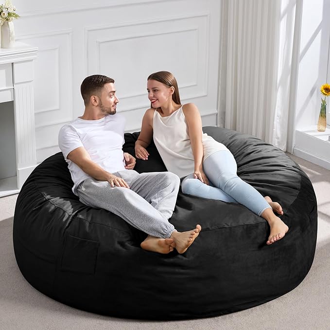 Hobestluk 6FT Bean Bag Chair Bean Bag Chairs for Adults Giant Bean Chairs with Velvet Cover, Memory Foam BeanBag Chair Fluffy BeanBag Chairs for Living Room, Bedroom- Black (70" x 70" x 15")