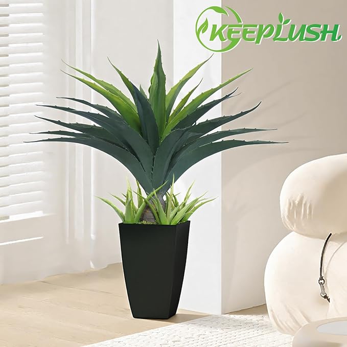 Artificial Spiked Agave Plant 2.5ft, 30 Inch Tall Fake Aloe Vera Plants in Black Pot, Fake Floor Plant Indoor Outdoor for Front Porch Patio Home Office Door Step Decor 1PCS