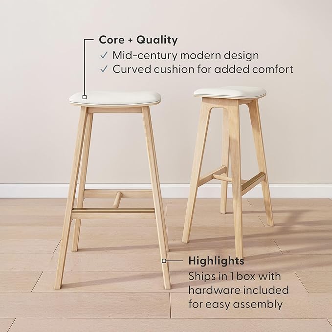 Plank+Beam Beryl Bar Height Stool - Mid-Century Modern Rubberwood Bar Stool with Faux Leather Seat, Metal Footrest, Easy Assembly, 2-Pack, Blonde/Sesame
