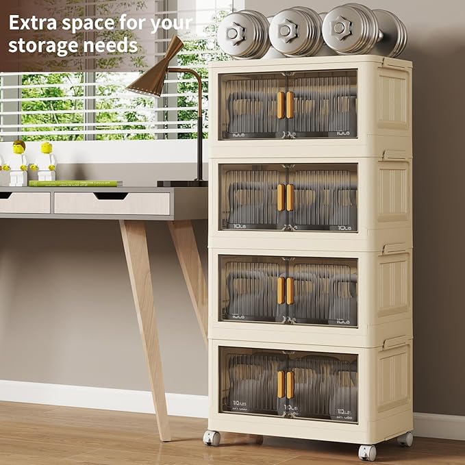 4 Tier Stackable Plastic Storage Bins with Lids 58QT, Collapsible Closet Organizers and Storage with Wheels for Living Room,Office,Dorm