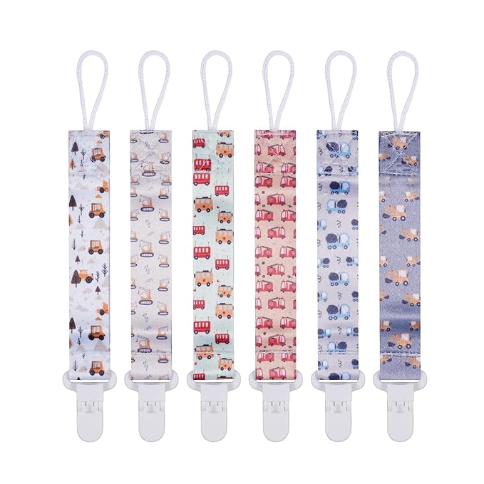 Baby Pacifier Clip,Paci Leash Binky Clips for Baby Boys and Girls,Newborn Essentials,Pack of 6 Gift Set. (Construction Truck)