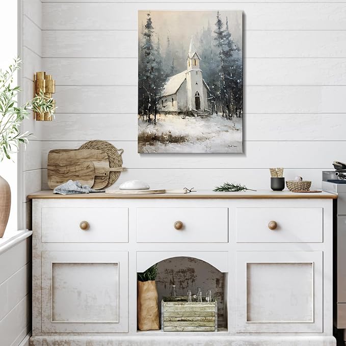 Snowy Winter Cabin Christmas Wall Art - Rustic Landscape Canvas Prints for Bedroom & Office, Ready to Hang Framed Picture, Perfect Christmas Gifts & Festive Winter Decor