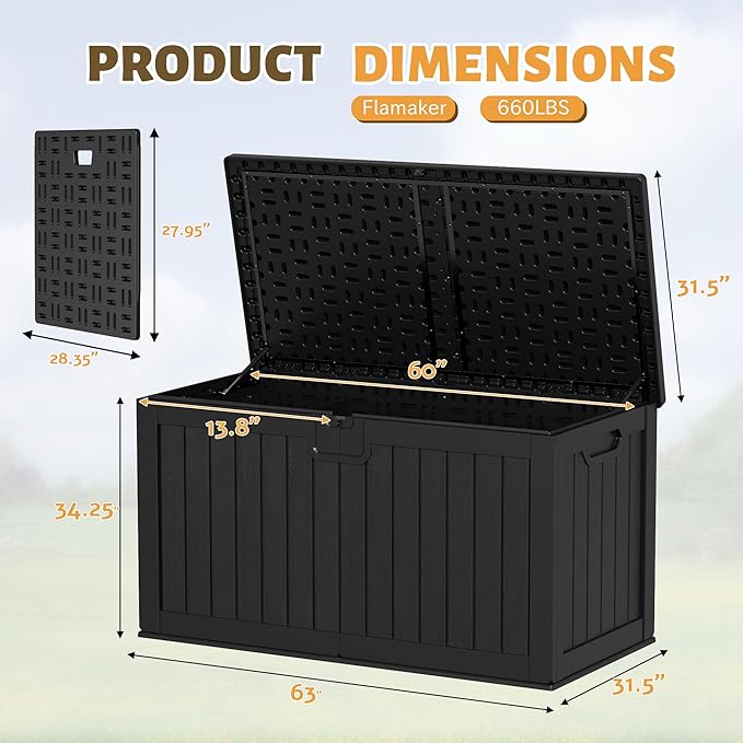 Flamaker Resin Deck Box 250 Gallon, Waterproof Imitation-Wood Lockable Storage Box with Separator Plate Outdoor Indoor, Garden, Patio Furniture for Tools&Pool Accessories (Black)
