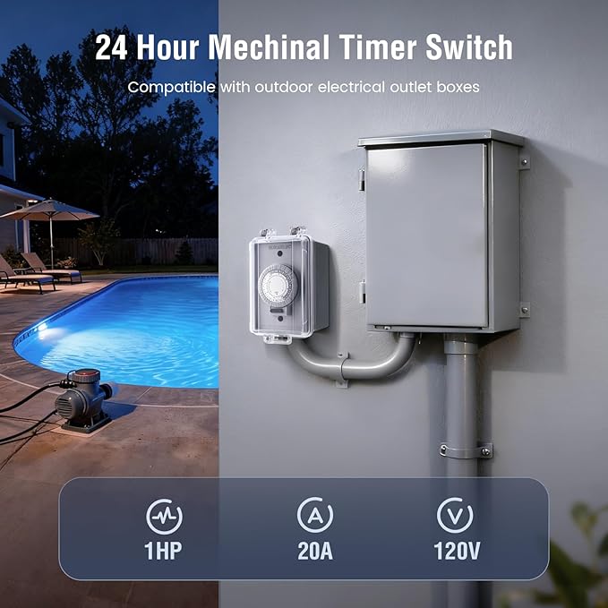 SURAIELEC 20A Heavy Duty 24 Hour Mechanical Timer Switch, 120V 1HP 2400W Hardwired Outdoor Power Controller, Waterproof Junction Box, RV Outlet, Pool Lighting, Security Lights, Christmas Decorations