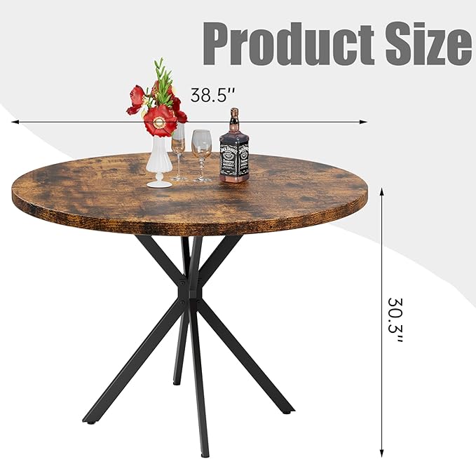 Round Dining Table: 39" Modern Brown Table with Black X Base for 4-5 People, Perfect for Small Spaces & Apartments
