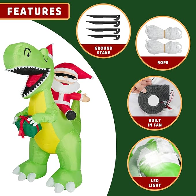 ININ 8FT Christmas Inflatables Santa Claus Riding Dinosaur Decorations Outdoor,Christmas Blow Up Santa Claus Yard Decorations Built-in LED Lights,Holiday Party Decor,for Yard/Lawn/Garden.