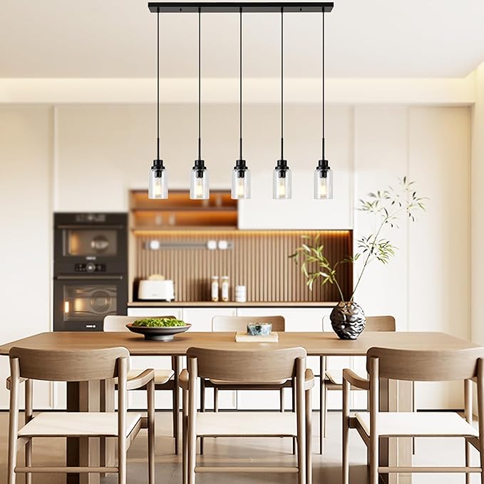 Black Dimmable Pendant Lighting for Kitchen Island, 5-Light Modern Pendant Lights for Kitchen Restaurant Living Room with Clear Glass Shade