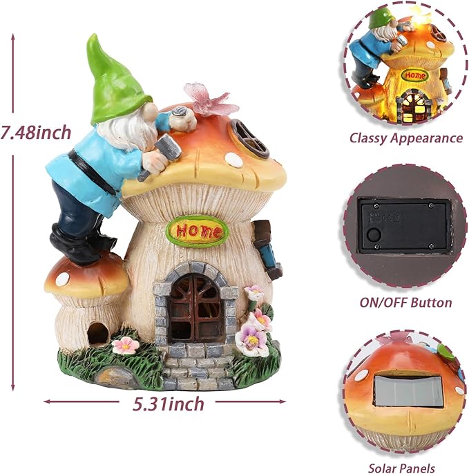 Garden Gnome Statue - Solar Powered Gnome Lights Decoration Outdoor Figurines for Yard with Gnome Building Mushroom House, Lawn Ornaments for Porch Balcony Patio Decor, Gifts for Mom Grandma