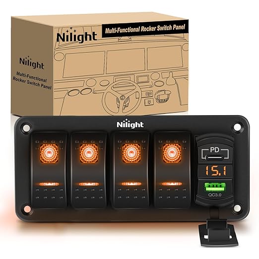 Nilight 4 Gang Rocker Switch Panel with PD Type C and USB Charger Voltmeter 12V SPST ON Off Toggle Switches with Orange Backlit Waterproof Aluminum for Boats Cars RVs Trucks