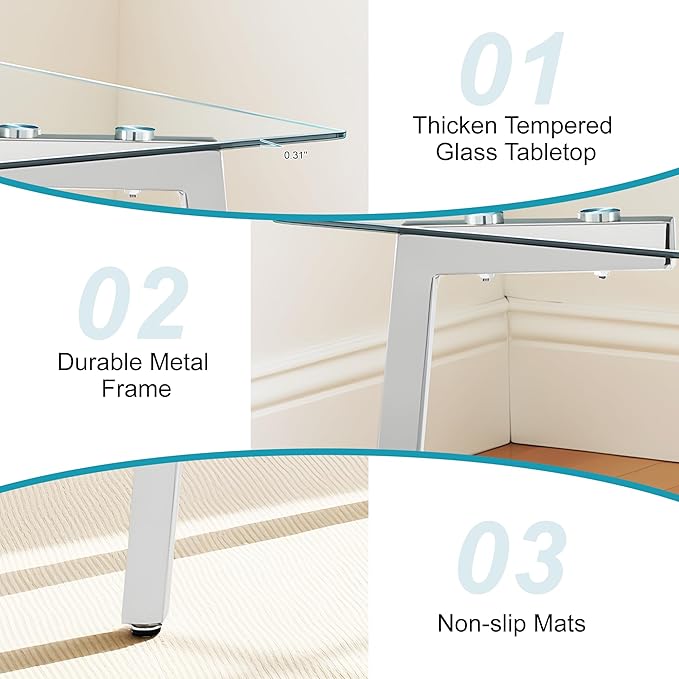 Dining Table for 6 Kitchen Table 51" Rectangular Modern Glass Dining Table Kitchen & Dining Room Tables with Glass Tabletop and Metal Legs for Dining Room and Kitchen, Silver