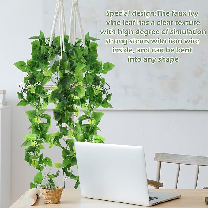 Hoteam 12 Pcs Artificial Hanging Plants 32 Inch Fake Ivy Vines with Fake Leaves Patio Artificial Plants Greenery for Living Room Indoor Outdoor Wall, No Basket (Pothos)