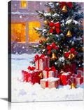 Vintage Christmas Tree and Gifts Box Canvas Wall Art - Festive Framed Print for Home Office Decor, Rustic Christmas Wall Art Picture, Ideal Christmas Gifts & Holiday Decorations