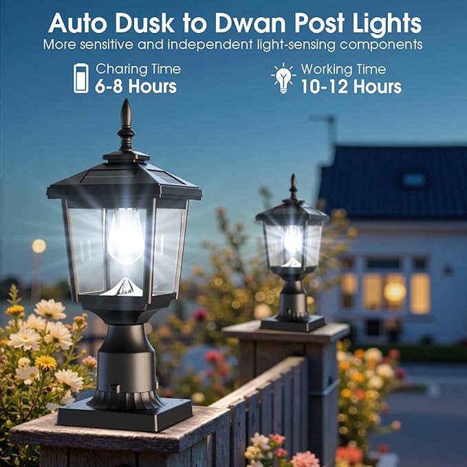 Greluna Solar Post Light Outdoor, 60 Lumens Dusk to Dawn Lamp Post Light, Solar Powered & Waterproof, Fits 6x6 Wooden Posts, 3 Inch Poles, for Garden, Pathway, Driveway, Fence & Yard（Cool White）
