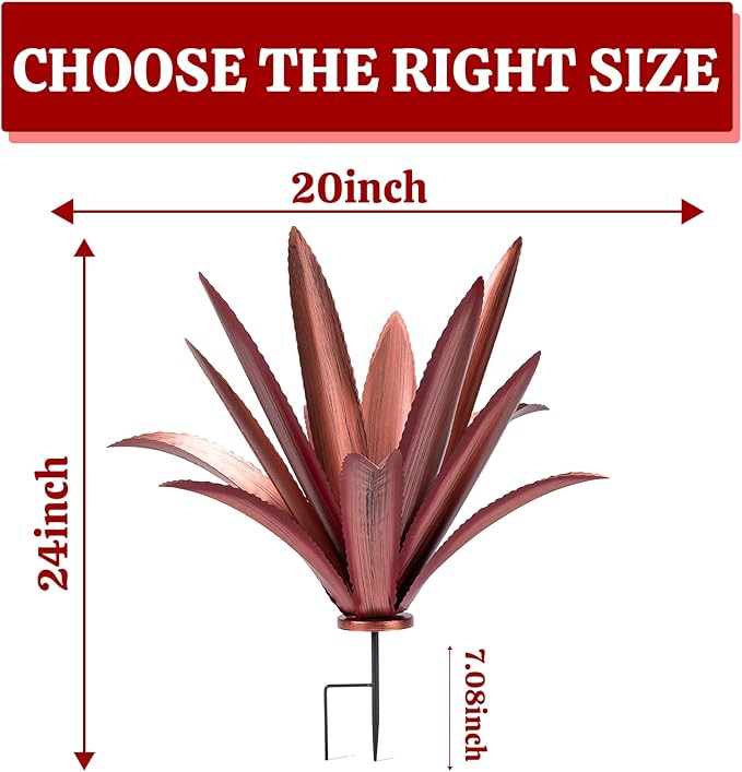 Large Tequila Rustic Sculpture, Rustic Metal Agave Plants for Outdoor Patio Yard Mexican Plant Garden， Agave Outdoor Lawn Ornaments Yard Stakes (Red 2pc)