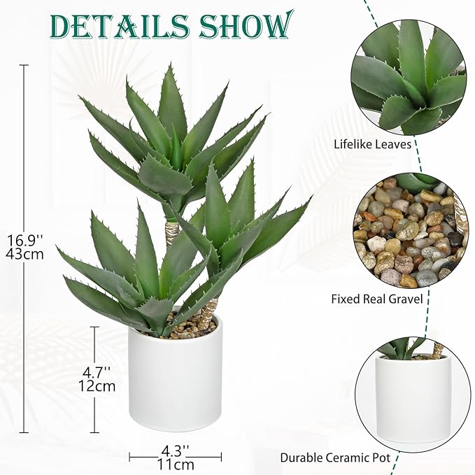 Hollyone Large Artificial Agave Plants Fake Three-Head Agave Succulent Plant Potted 17" Faux Plant Succulent Aloe Vera Plants Indoor for Desk Modern Home Decor