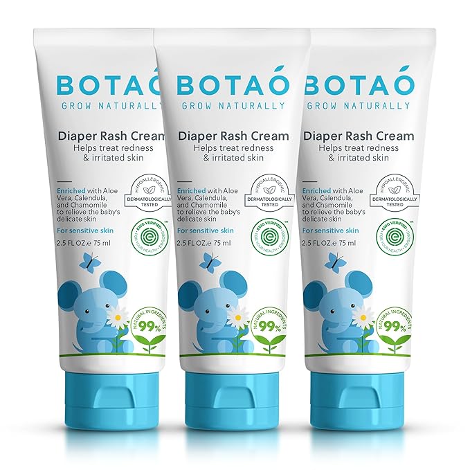 BOTAO Baby's Natural Diaper Cream | Organic Diaper Cream EWG Verified | Naturally Soothes Baby Rashes | Baby zinc Ointment Natural | For Sensitive Skin with Aloe Vera & Calendula, 2.5Oz (3 Pack)