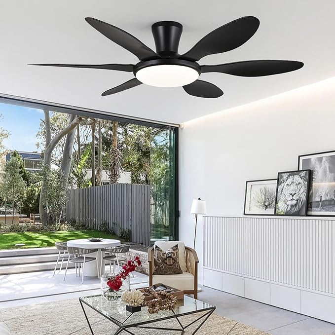 Ceiling Fans with Lights, 51 inch Modern Black Low Profile Ceiling Fan with Light and Remote App Control, Flush Mount, Quiet DC Reversible, Dim Led Ceiling Fan 6 Blade Softer Wind Indoor/Outdoor Patio
