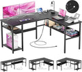 Reversible L Shaped Computer Desk with Power Outlets and USB Charging Ports, Sturdy Corner Desk with Storage Shelf, Modern Work Gaming Table for Home Office, Easy to Assemble, Black