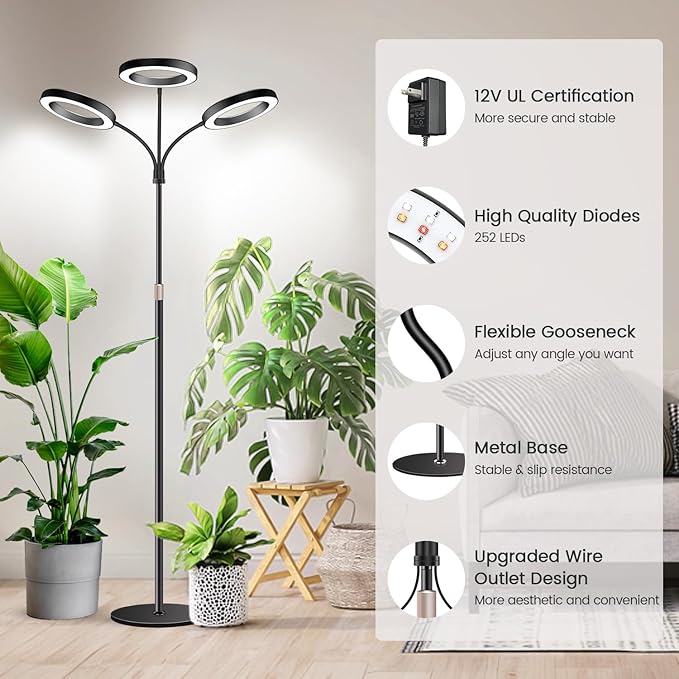 Garpsen Halo Floor Grow Light, Three-Head Full Spectrum LED Plant Light with Base, 5 Dimmable Levels & Timer 6/12/16H, 3 Color Modes Grow Lamp with 252 LEDs, 67''Height Adjustable for Large Plants