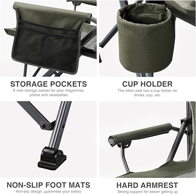 EVER ADVANCED Oversized Folding Camping Chair, for Adults Heavy Duty Lawn Chair with Side Pockets, Portable Collapsible Quad Chair for Outside, Support Up to 500lbs, Green 2Pack