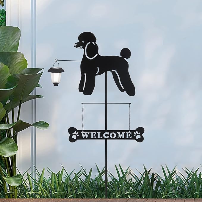 BAYN Solar Poodle Garden Stakes Decorative with a Lantern Dog Silhouette Welcome Sign Outdoor Garden Decor for Yard, Lawn, Patio, Pathway