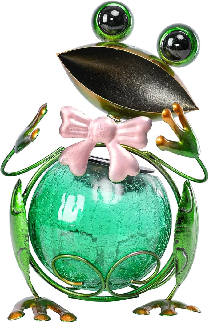 MUMTOP Frog Garden Decor, Frog Solar Lights Outdoor Decorative Waterproof with Crackle Glass Globe and Bowknot Yard Ornaments for Tabletop Garden Lawn Outside Porch Home Decorations