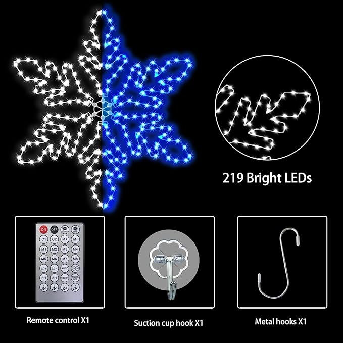 Led Snowflake Lights Outdoor, 36" 219 LED Smart Blue White Snowflake Christmas Lights with APP Remote Control Timer Music Sync, Metal Frame & Removable for Christmas Window Decorations
