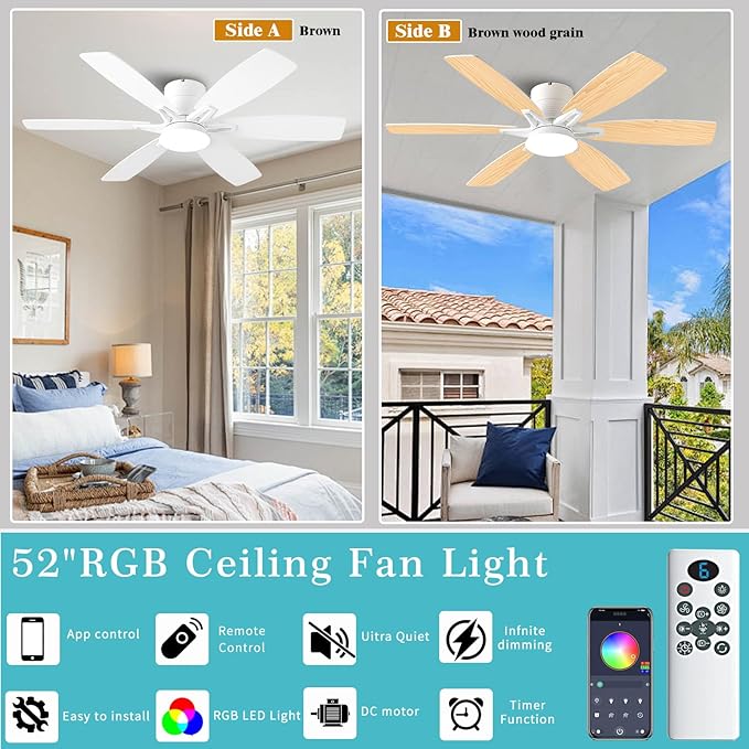 52inch White Ceiling Fans with Lights and Remote/App Control, Low Profile Ceiling Fan with Light and 6 Double-Side blades, Flush Mount, LED/RGB Dimmable DC Reversible Modern Ceiling Fan for