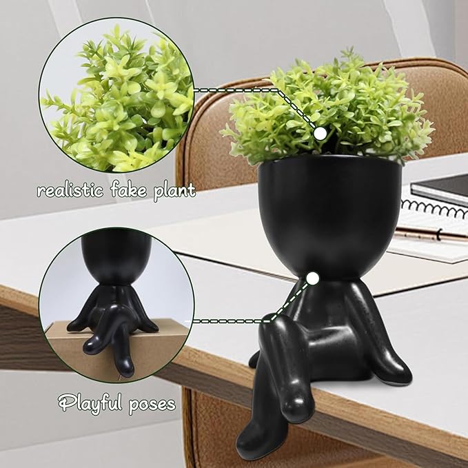Zerzsy Small Fake Plants with Human-Shaped Pots Office Decor for Women and Men, Cute Faux Plants Indoor for Office or Home Decoration- Set of 1
