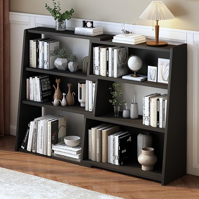 IOTXY Wooden Extendable Shelf Bookcase - 3-Tier Ladder Low Short Bookshelf for Small Space or Corner, Black, L