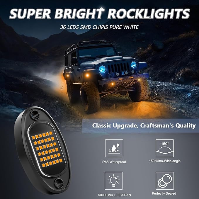 Rock Lights Ultra Bright LED Neon Underglow Lights Waterproof for Trucks Pickup SUV UTV ATV RZR Car Boats Motorcycle (Yellow, 20 Pods+ 33ft Wire Harness)