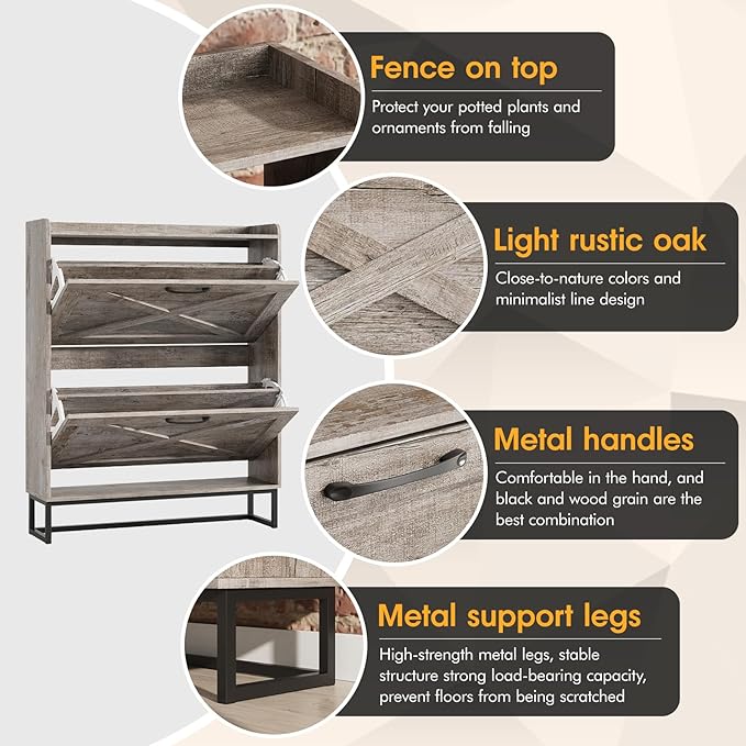 Maupvit Shoe Storage Cabinet with 2 Flip Drawers, Freestanding Organizer with Metal Legs for Entryway, Narrow Shoe Rack Cabinet, Light Rustic Oak