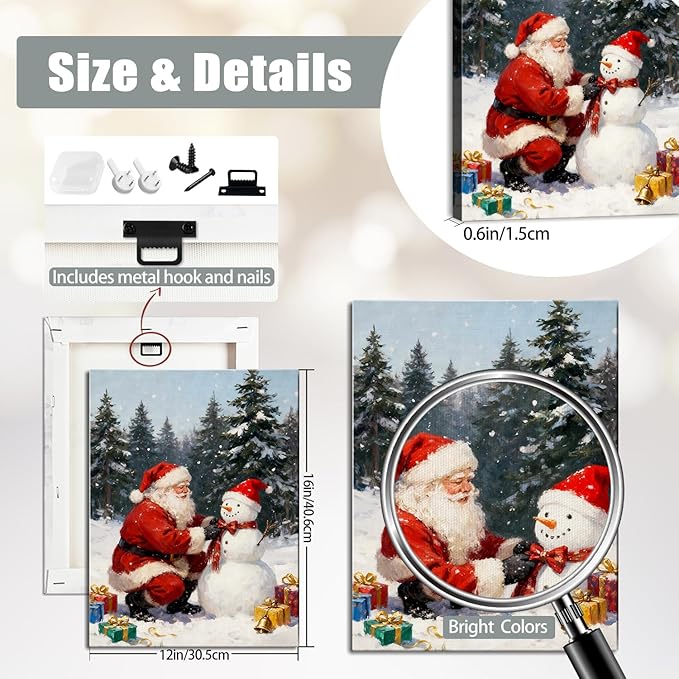 Vintage Santa Claus with Snowman Christmas Canvas Wall Art - Rustic Winter Scene Framed Print for Livingroom & Bedroom, Cozy Farmhouse Christmas Wall Art, Unique Christmas Gifts & Festive Decorations