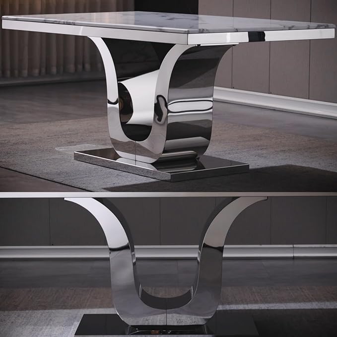 Modern Dining Room Table with Silver Stainless Steel Metal U-Base in White Silver