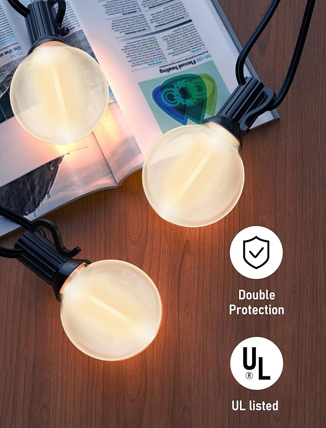 G40 25FT LED Outdoor String Lights,Frosted Patio Lights with 27 (2 Spare) Plastic Shatterproof Globe Bulbs,Connectable Outside Hanging Lights for Porch,Garden, Backyard,Wedding Decor