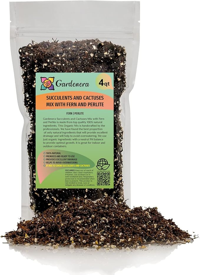 Gardenera Premium Organic Potting Soil, Succulent & Cactus Soil Mix, Fast Draining Pre-Mixed Blend - Horticultural Perlite (25%) + Peat Moss (75%) - Made in USA - 4 Quart