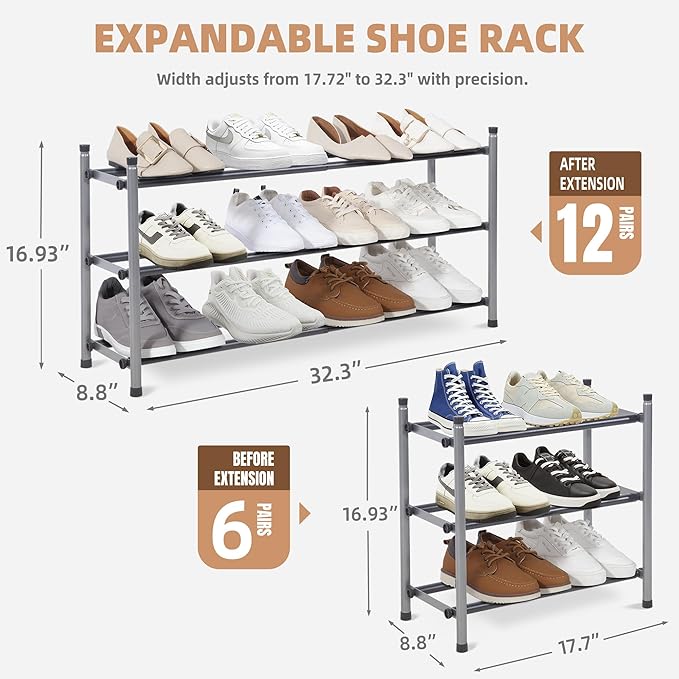 STORAGE MANIAC Expandable Shoe Rack, 12 Pairs Stackable Small Shoe Rack, Metal Adjustable Shoes Organizer for Closet, Entryway, Hallway, Garage, Front Door, Shoes Shelves, Black 3 Tier