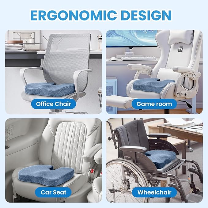 TushGuard Office/Car Seat Cushion, Non-Slip Sciatica & Back Coccyx Tailbone Pain Relief Chair Pad, Memory Foam Butt Pillow for Computer Desk, Wheelchair, Driving (Light Blue)