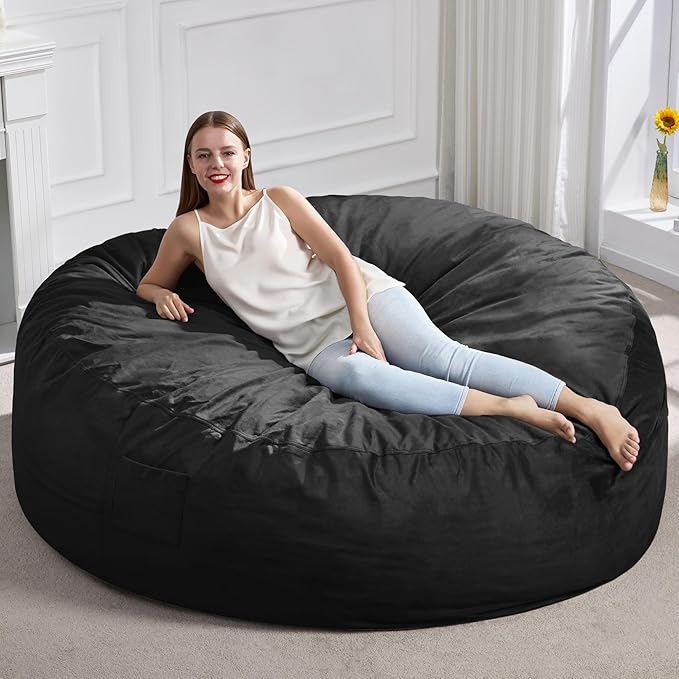 Hobestluk 6FT Bean Bag Chair Bean Bag Chairs for Adults Giant Bean Chairs with Velvet Cover, Memory Foam BeanBag Chair Fluffy BeanBag Chairs for Living Room, Bedroom- Black (70" x 70" x 15")