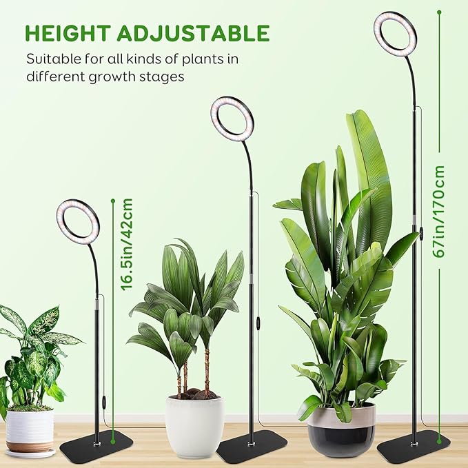 One Head Grow Lights for Indoor Plant Full Spectrum, Plant Lights for Indoor Growing with 3/9/12 Timer, 5 Dimmable Levels, Height Adjustable 16.5''-68", Strong Base for Large Plants