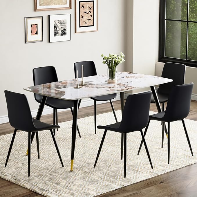 7 Piece Modern Dining Set, 62'' Sintered Stone Dinner Table for 6, 6 Chairs, Easy to Assemble