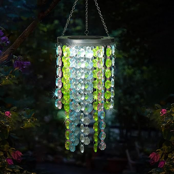 Hanging Solar Crystal Chandelier Outdoor, 21” Modern Solar Multicolor Acrylic Beaded Lantern with Cool White LED S Hooks for Garden Yard Patio Gazebo Outside Decor