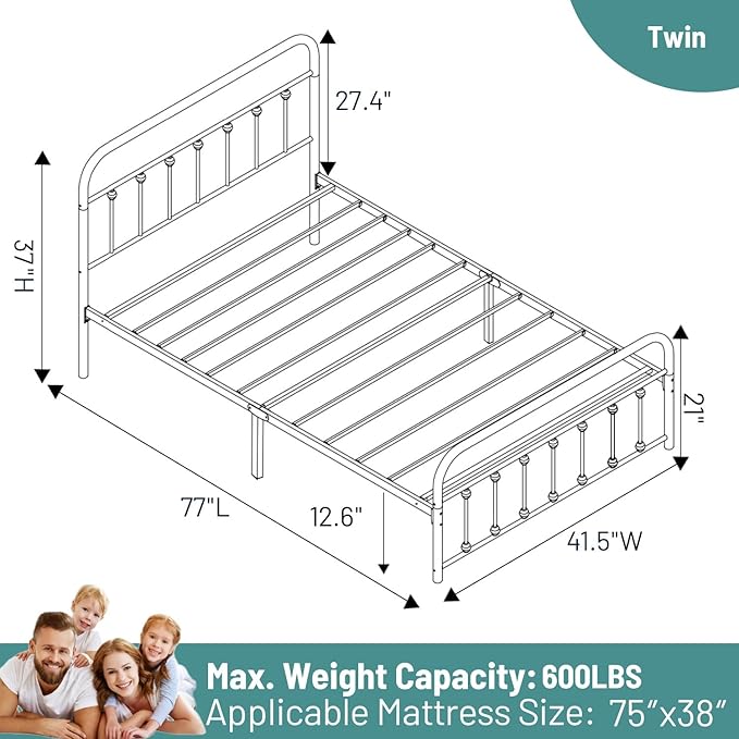 Twin Bed Frame-Classic Metal Platform Bed Frame Mattress Foundation with Victorian Style Iron-Art Headboard/Footboard/Under Bed Storage/No Box Spring Needed/Black