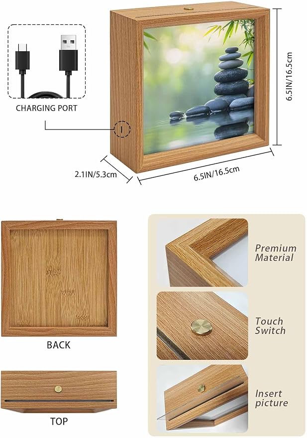 Wood Night Light Box 6.5x6.5in,Zen Meditation Stone Lake Table Lights Wooden Picture Frame with USB Rechargeable Touch LED Lights for Home Decor Desktop Display,Nature Landscape Still Life