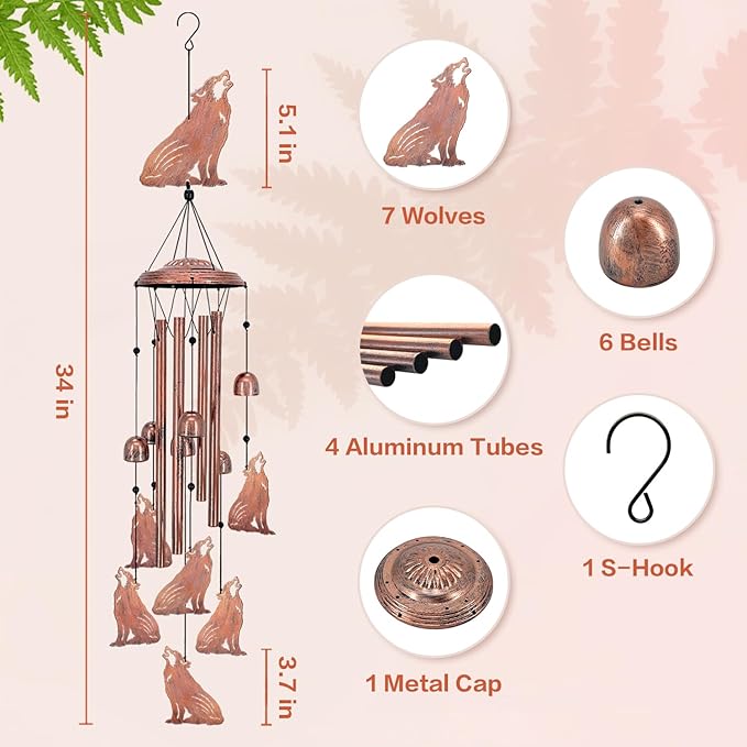 Wolf Wind Chimes Outdoor Wolf Gifts for Women/Men/Mom/Wife/Grandma Birthday Gifts Memorial Gift Metal WindChimes for Outside/Indoors, Lawn, Patio, Home, Porch, Yard Decor, Garden Decorations