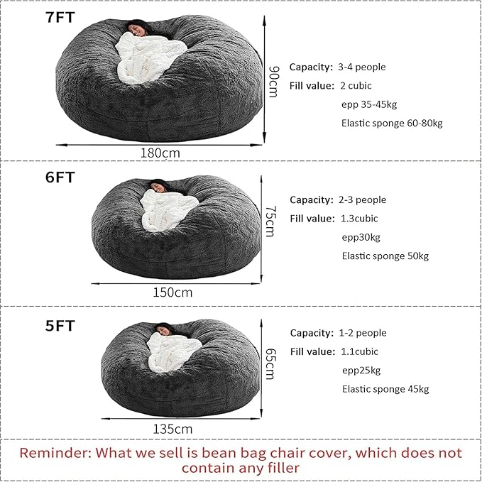 Bean Bag Chair for Kids Adults Without Filler Oversized Round Plush Beanbag Chair Lazy Sofa Cover for Stuffed Animal Storage Floor Chair, 5FT, Light Grey