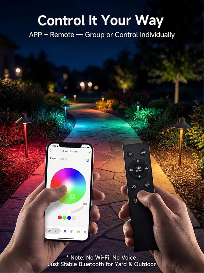 Gardenreet Brass Smart RGBCW 12v Path Light, Bluetooth App Control Landscape Lighting Waterproof, Low Voltage Dimmable Adjustable Warm/Cool White G4 Bulb, Year-Round Daily Yard Ambiance, Bronze 6 Pack