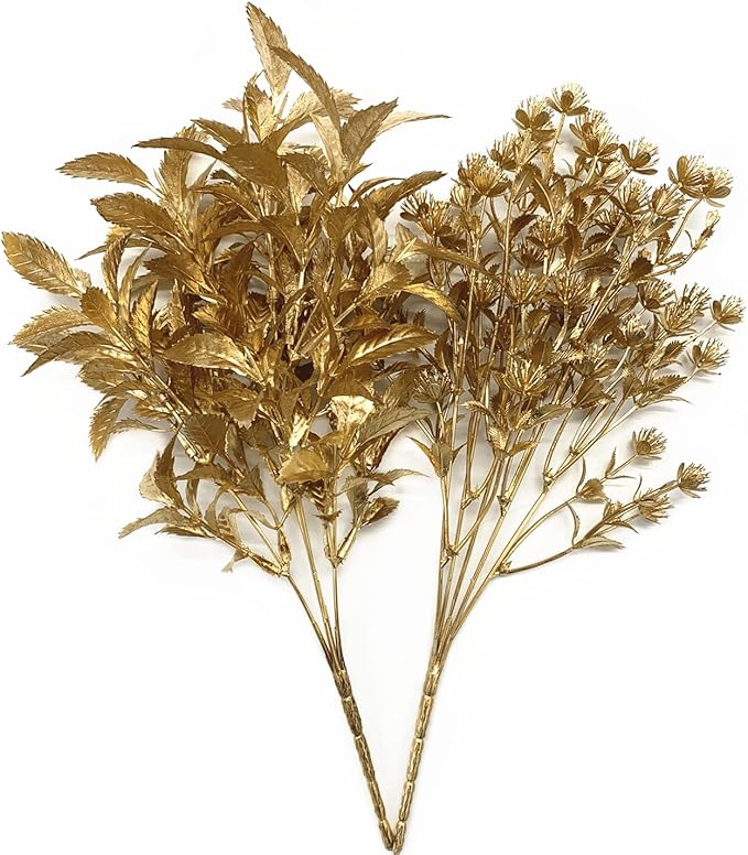 CATTREE Artificial Gold Plants for Christmas, Golden Leaves Plastic Faux Gypsophila Fake Simulation Baby Breath Flowers for Home Indoor Outdoor Wedding Decoration Hall Table Planter Filler 4 Pack