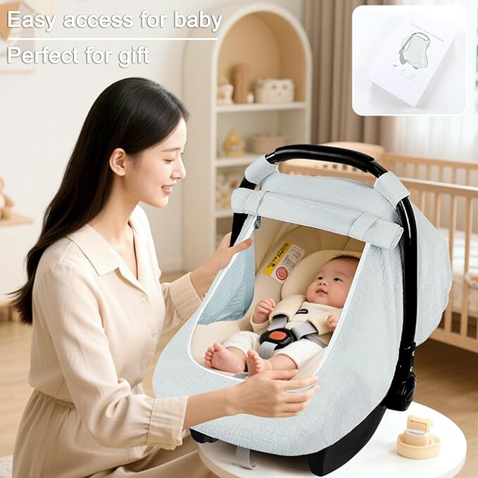 Muslin Car Seat Covers for Babies, Summer Baby Car Seat Cover for Boys Girls with Breathable Window, Lightweight Infant Car Seat Canopy, Gray