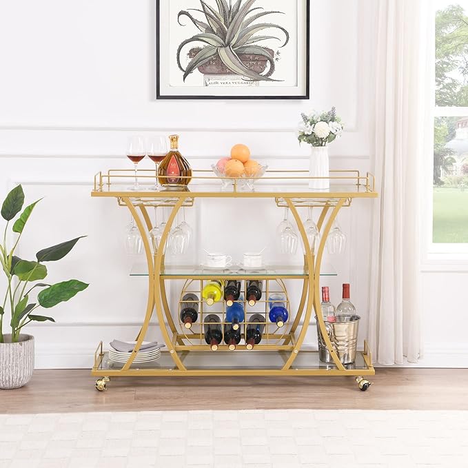 Gold Bar Carts with Glass Holders & Wine Rack,3 Tier Home Bar Serving Carts with Glass Shelves,Metal Rolling Bar Carts for The Home Kitchen, Party